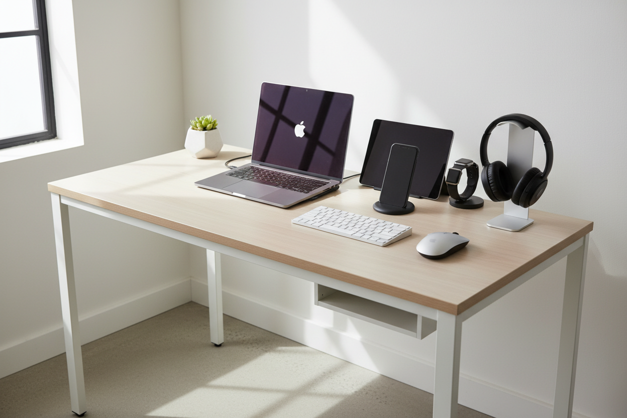 clean desk with tech gadgets